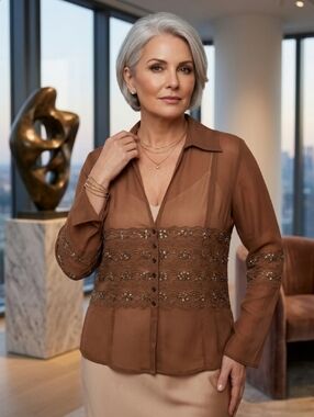 Vintage NEW Rust Brown Gems Embroidered Long Sleeve Sheer Blouse Plus Size 2X